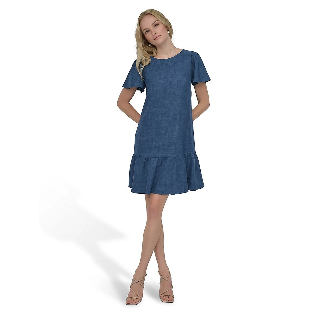 Flutter-Sleeve Flounce-Hem Trapeze Dress