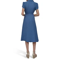 Johnny-Collar Puff-Sleeve Midi Dress