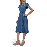 Johnny-Collar Puff-Sleeve Midi Dress