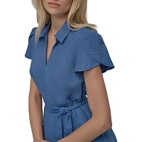 Johnny-Collar Puff-Sleeve Midi Dress
