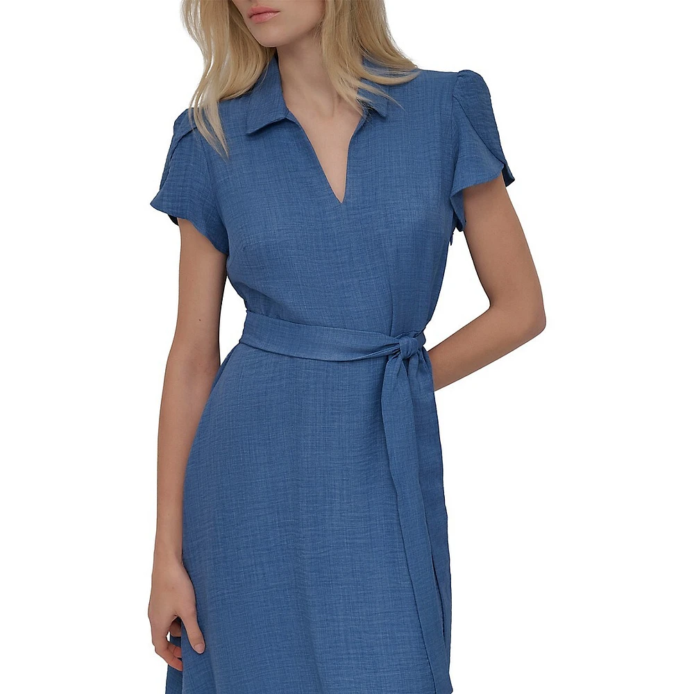 Johnny-Collar Puff-Sleeve Midi Dress