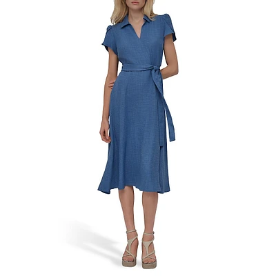 Johnny-Collar Puff-Sleeve Midi Dress