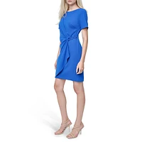 Short-Sleeve Faux Wrap Scuba Crepe Sheath Dress