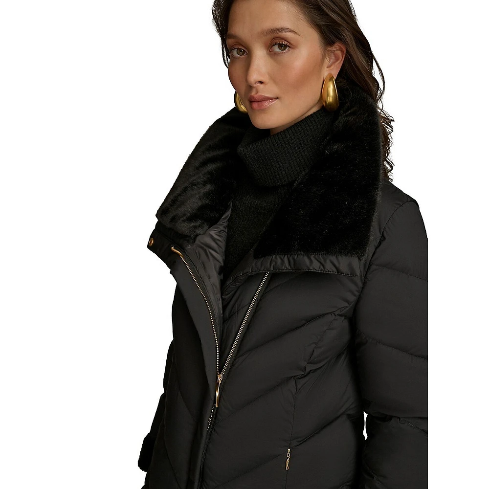 Chevron-Quilted Down & Faux Fur-Trim Jacket