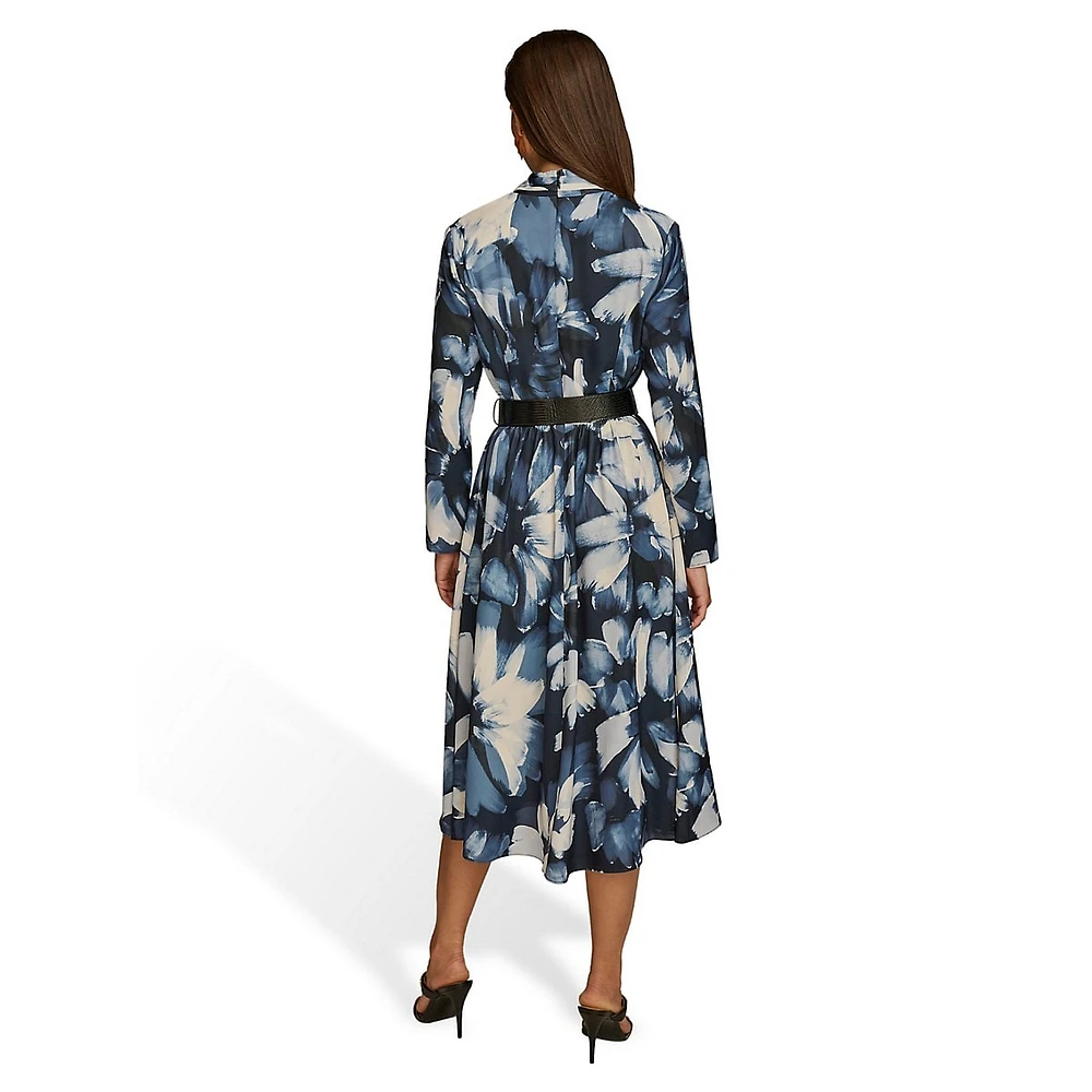 Belted Floral Surplice Midi Dress