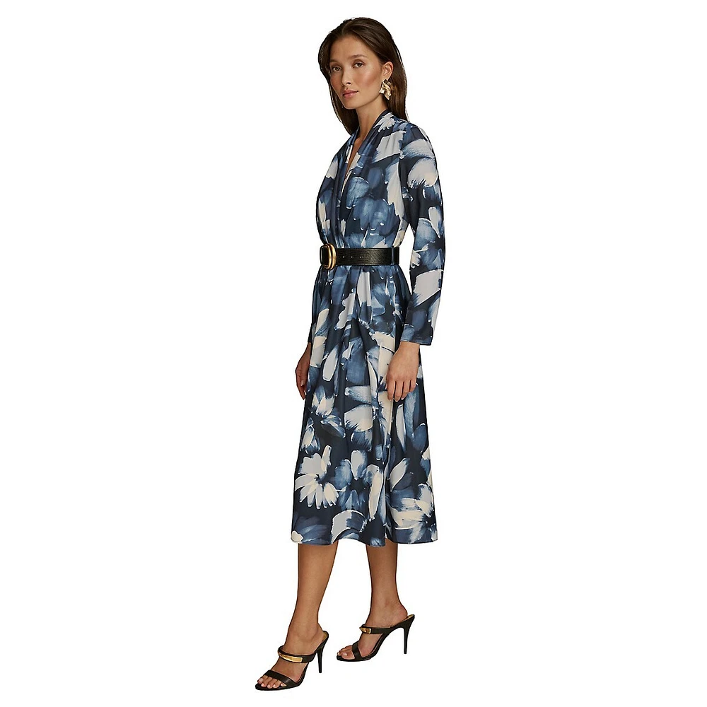 Belted Floral Surplice Midi Dress