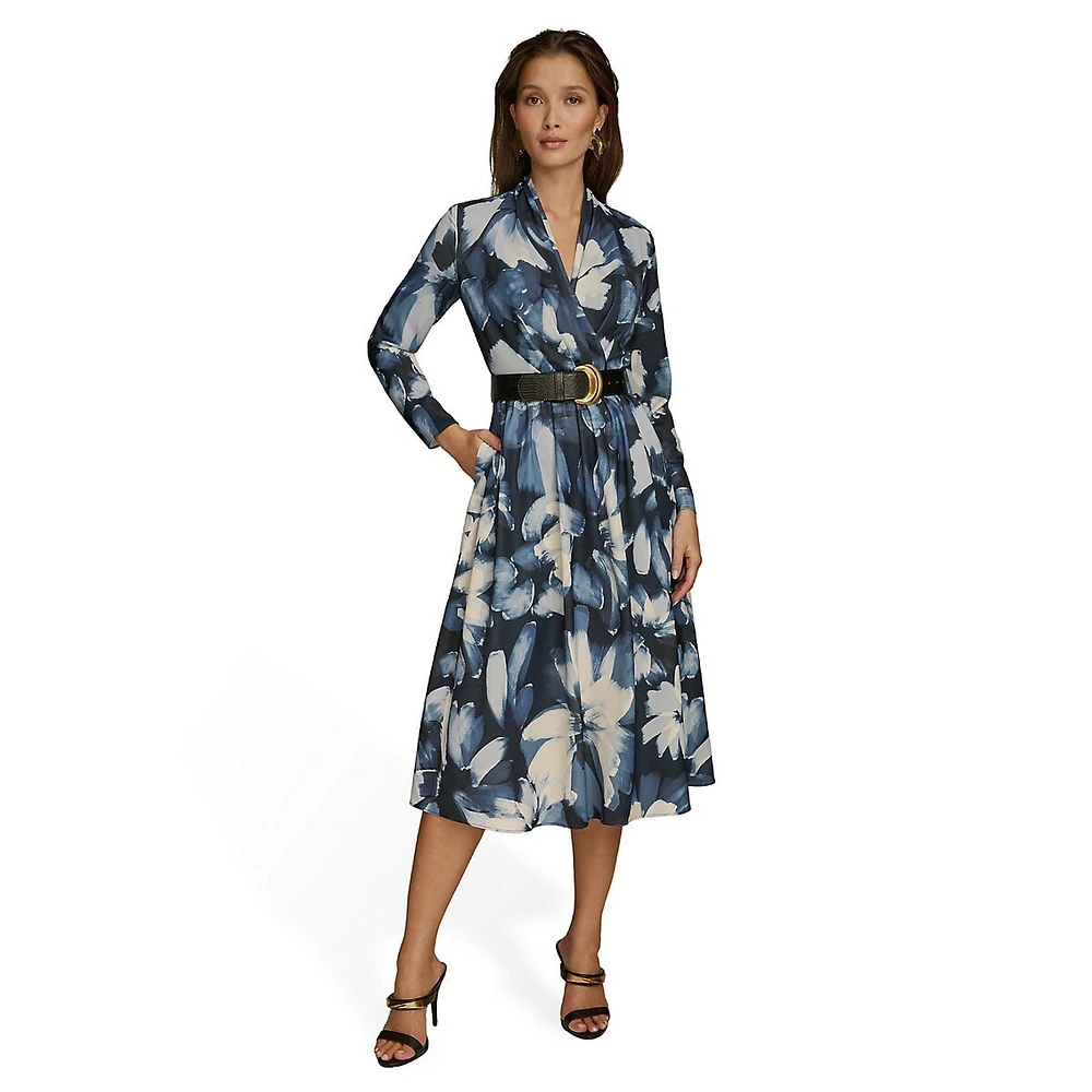 Belted Floral Surplice Midi Dress