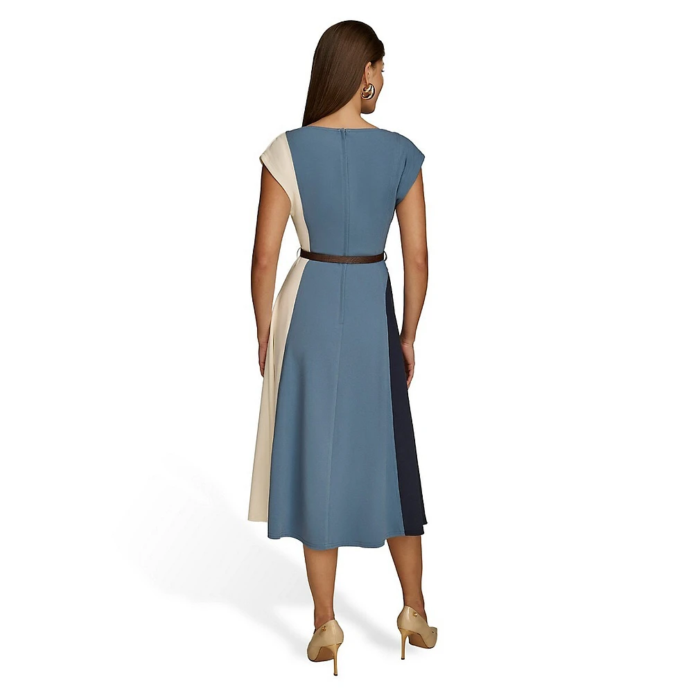 Belted Colourblock Cap-Sleeve Midi Dress