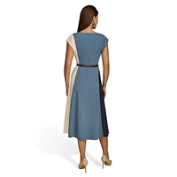 Belted Colourblock Cap-Sleeve Midi Dress