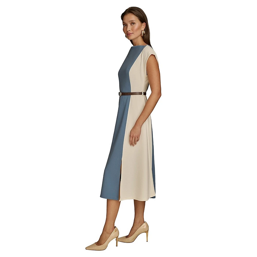 Belted Colourblock Cap-Sleeve Midi Dress