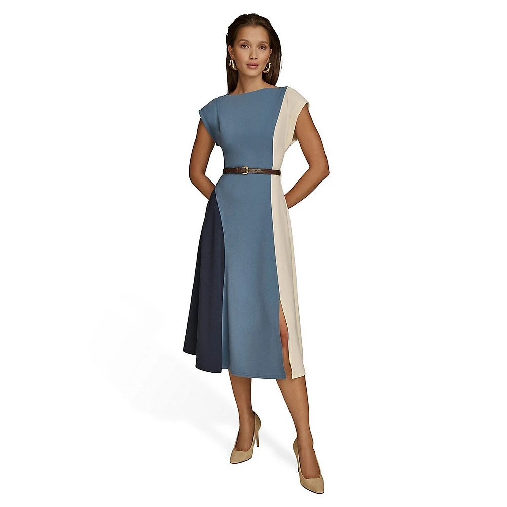 Belted Colourblock Cap-Sleeve Midi Dress