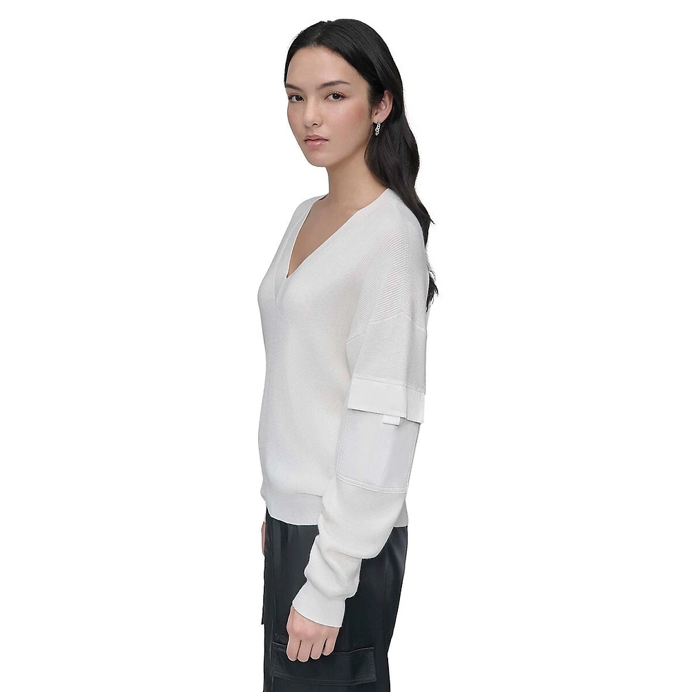 V-Neck Ribbed Sweater With Satin Pockets