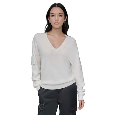 V-Neck Ribbed Sweater With Satin Pockets