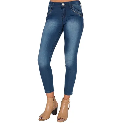 Women's Blue Medium Wash Ankle Zipper Crop Premium Jeans