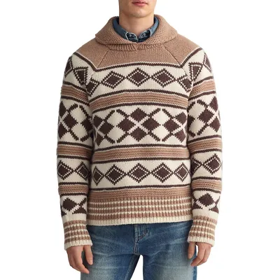 Oversized Jacquard Diamond Wool-Blend Shawl Sweater