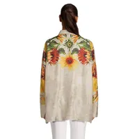 Rel Sunflower-Print Silk Popover Shirt