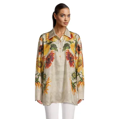 Rel Sunflower-Print Silk Popover Shirt