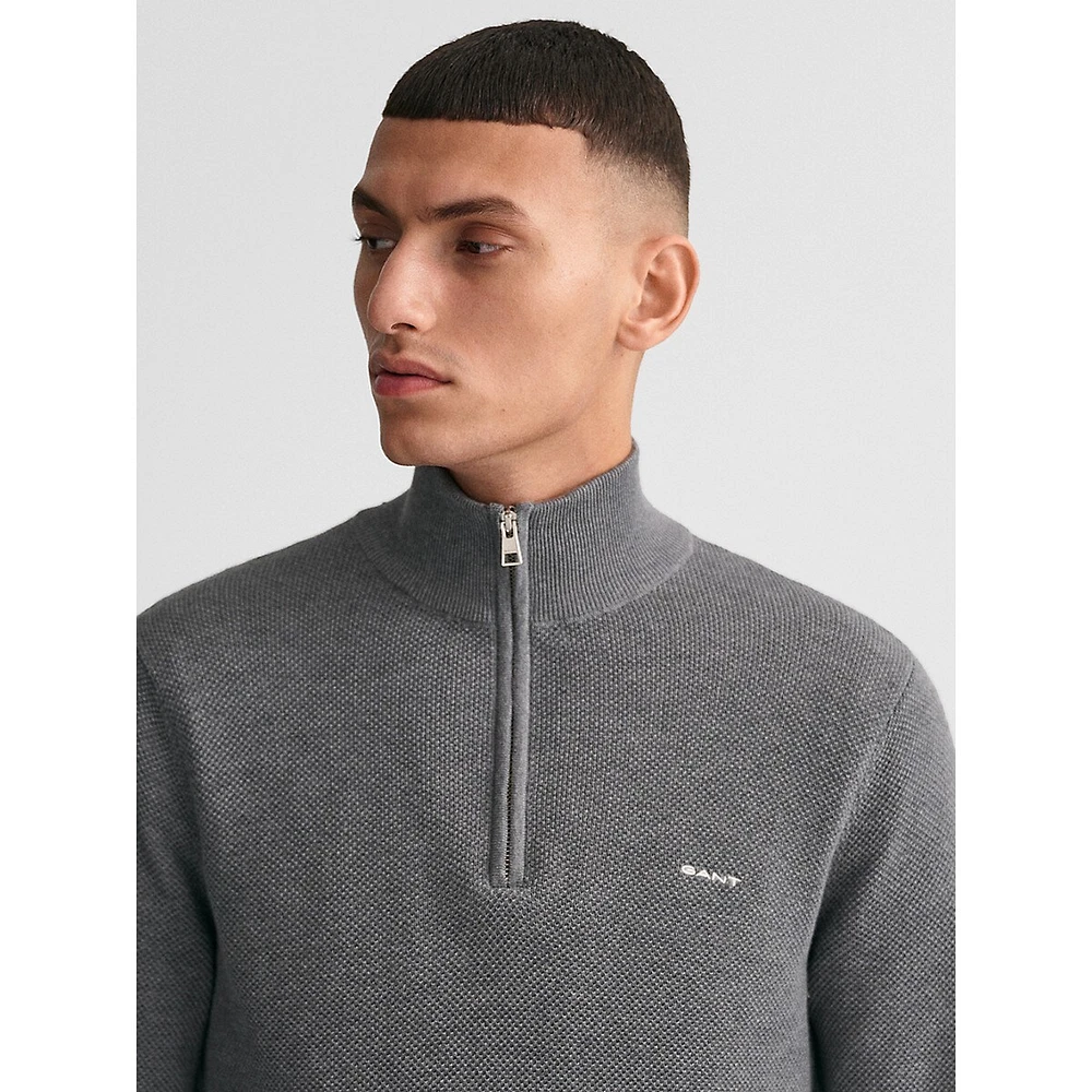 Cotton Piqué Mockneck Half-Zip Sweater