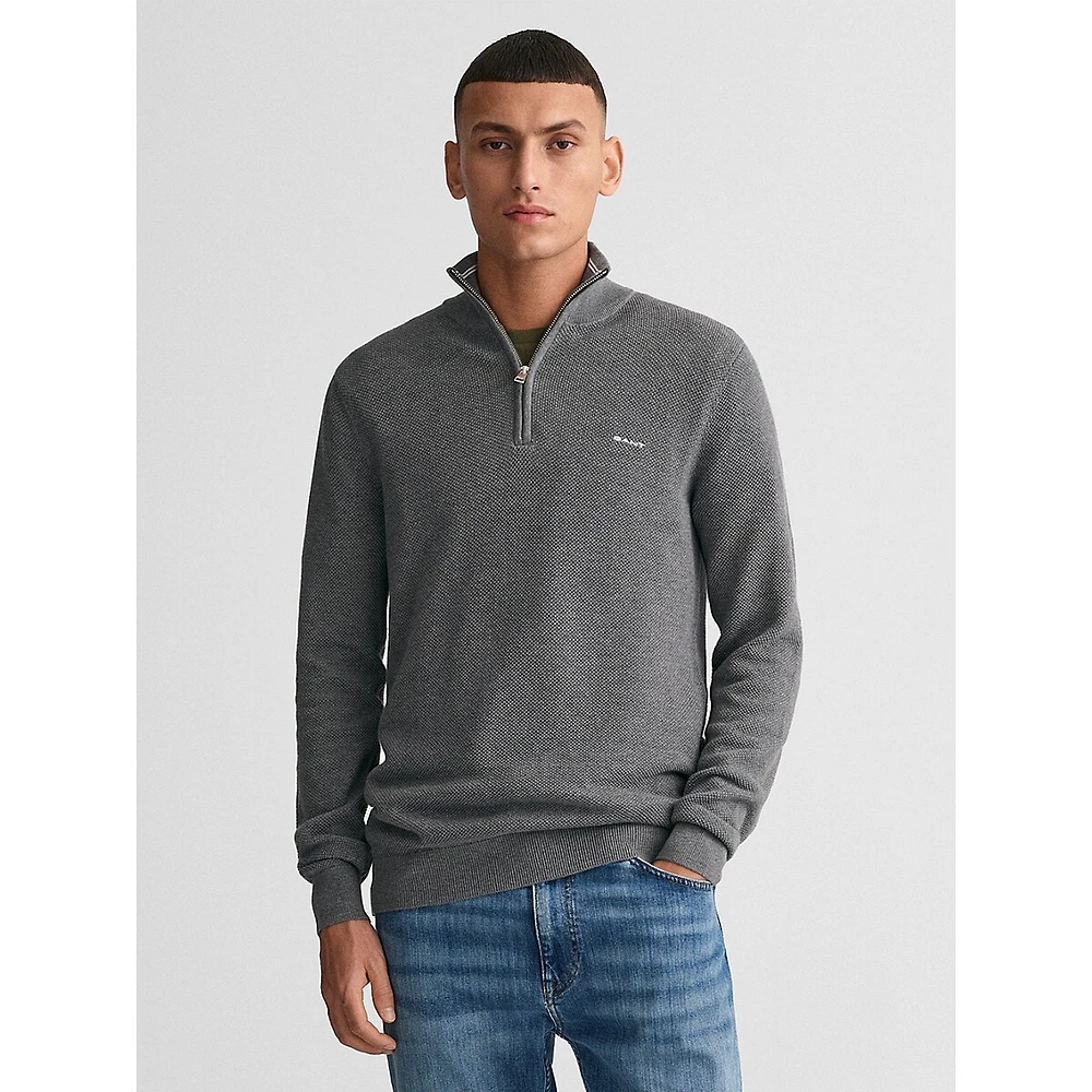 Cotton Piqué Mockneck Half-Zip Sweater