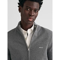 Cotton Piqué Mockneck Zip Cardigan