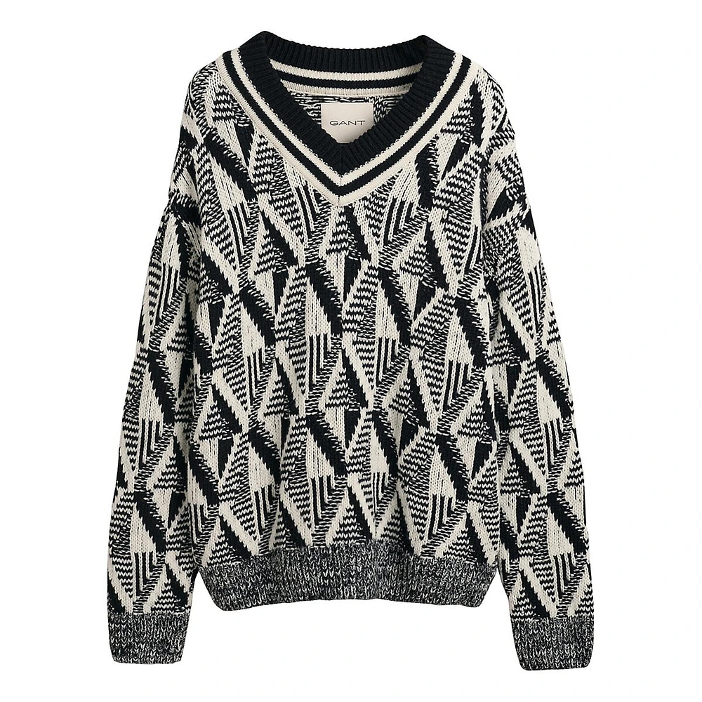 Oversized Merino Wool Geometric Pattern V-Neck Sweater