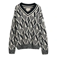 Oversized Merino Wool Geometric Pattern V-Neck Sweater