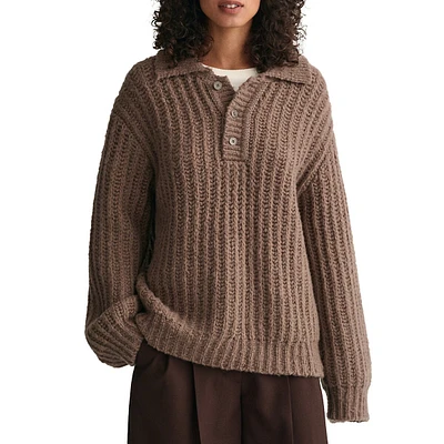 Oversized Curly Wool-Blend Rib Polo Sweater