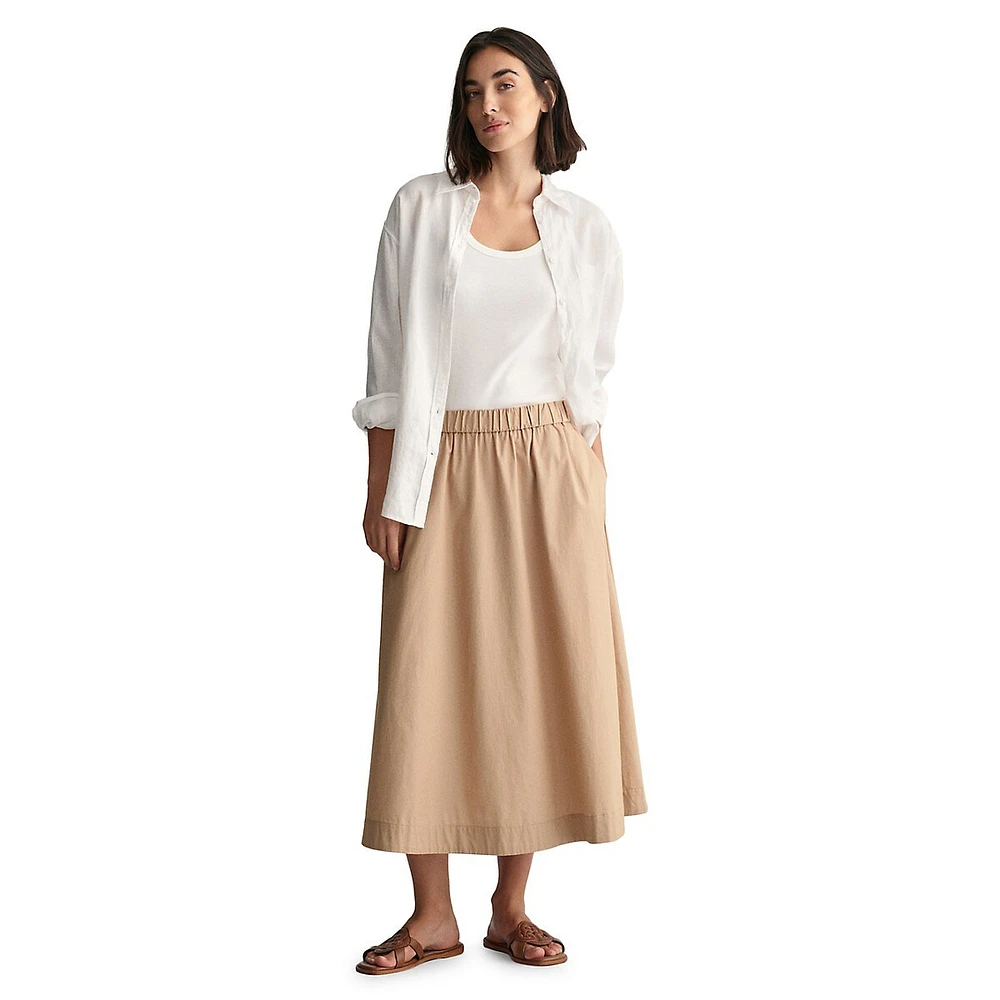 Lightweight Pull-On Chino Midi Skirt