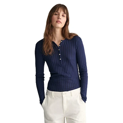 Ribbed Long-Sleeve Henley Top