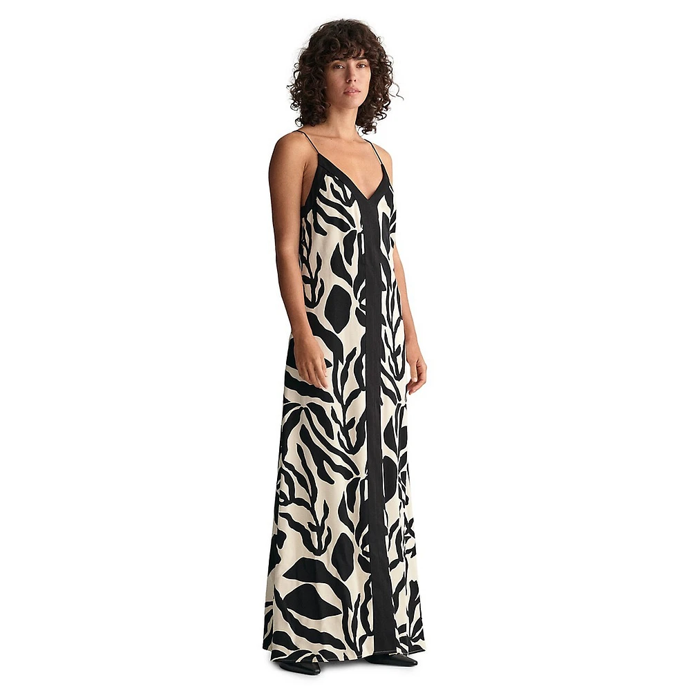 Palm-Print Strappy Maxi Dress