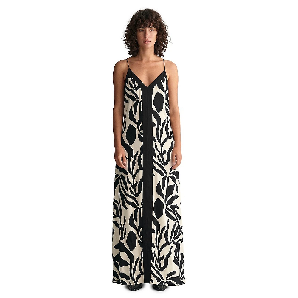 Palm-Print Strappy Maxi Dress