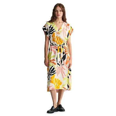 Relaxed-Fit Palm-Print Tied V-Neck Midi Dress