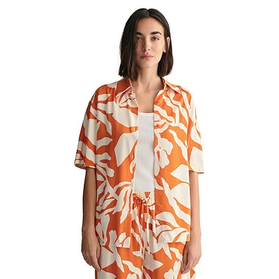 Relaxed-Fit Palm-Print Viscose-Tencel Short-Sleeve Shirt