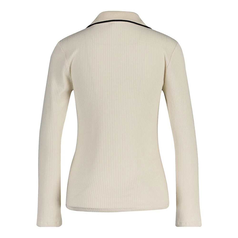 Ribbed Long-Sleeve Contrast-Tipped Polo Shirt