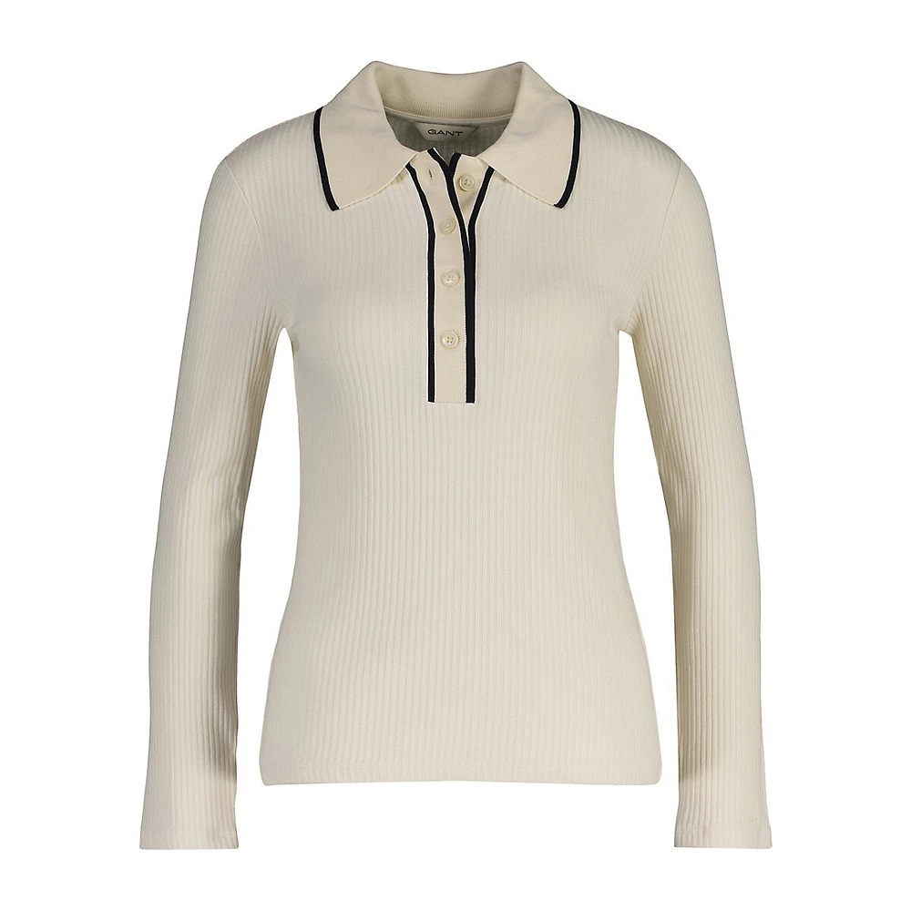 Ribbed Long-Sleeve Contrast-Tipped Polo Shirt