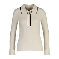 Ribbed Long-Sleeve Contrast-Tipped Polo Shirt