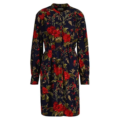 Relaxed-Fit Rose-Print Banded-Collar Shirt Dress