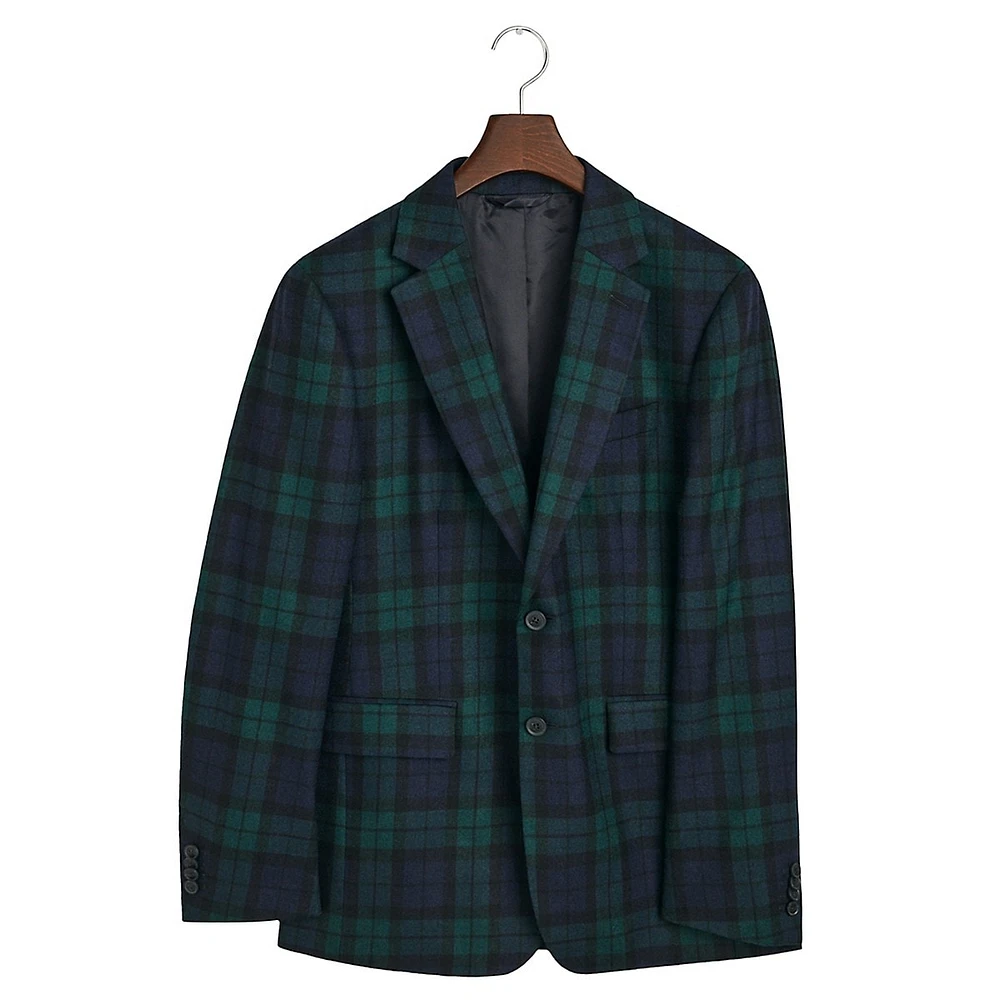 Wool-Blend Black Watch Plaid Slim-Fit Blazer