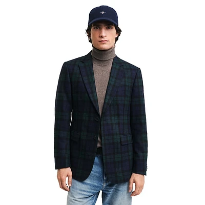 Wool-Blend Black Watch Plaid Slim-Fit Blazer