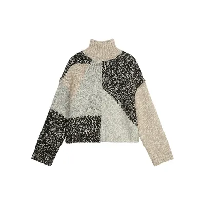 Patchwork Chunky-Knit Highneck Sweater