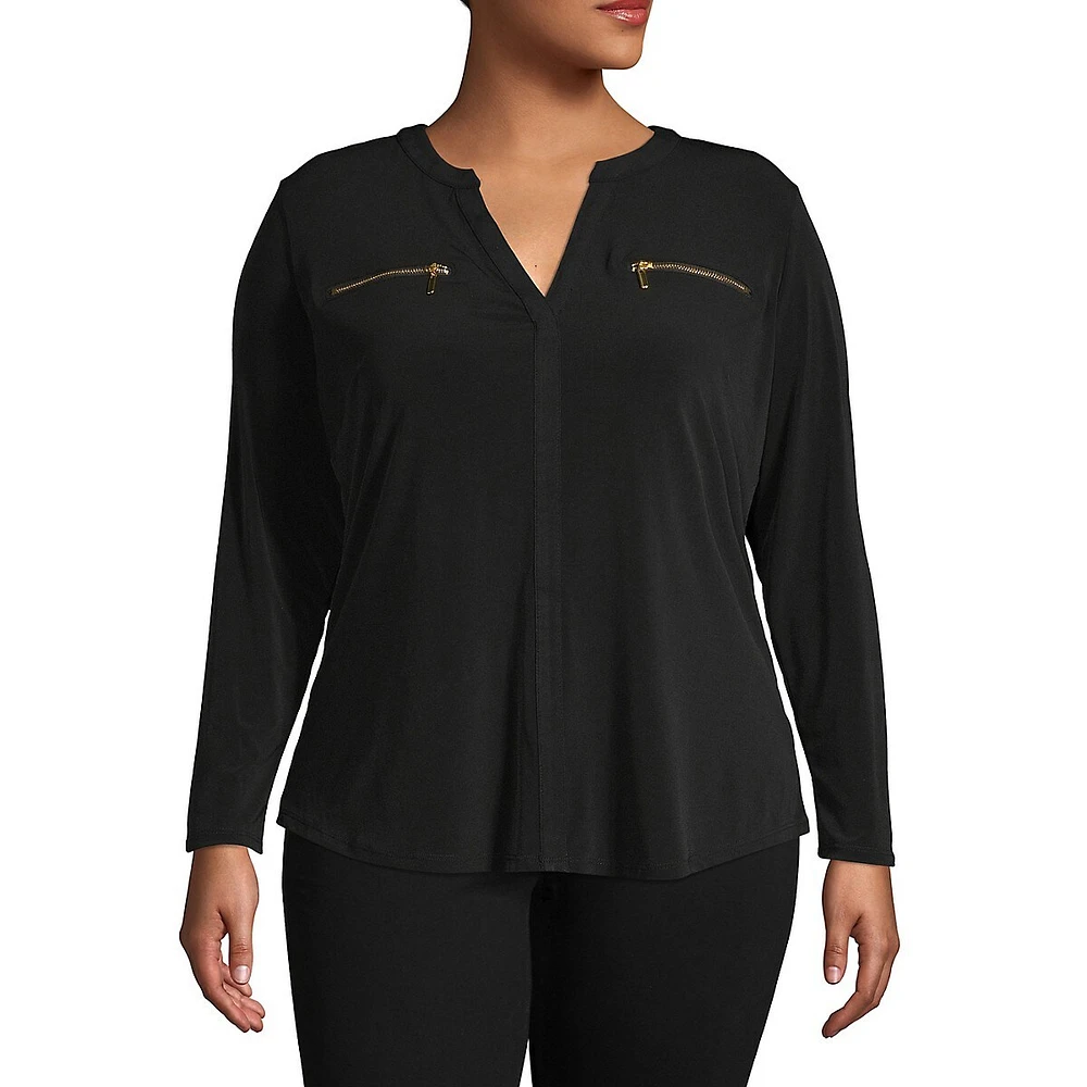 Plus Long-Sleeve Zip Pocket Blouse