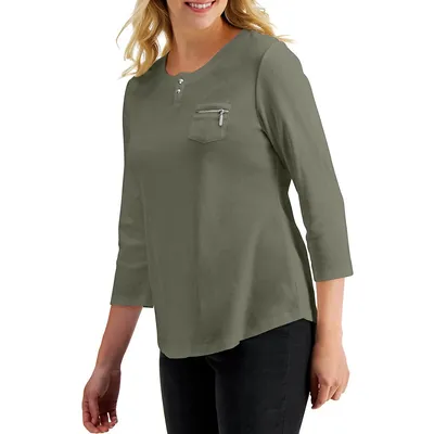 Three-Quarter-Sleeve Zipper-Pocket Henley