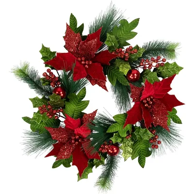 24" Glittered Red Poinsettia And Long Pine Christmas Wreath, Unlit