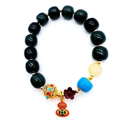 Natural Jade Expandable Bracelet With Good Luck Gourd In Copper Enamel