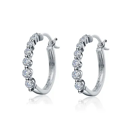 Sterling Silver White Gold Plating With Clear Cubic Zirconia Bezel Hoop Earrings