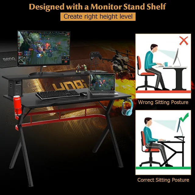 Goplus 45.5 Gaming Desk, Z Shaped Racing Game Table with Carbon Fiber  Surface, Mouse Mat, Headphone Hook, Cup Holder, Game Handle Rack, Ergonomic  Home