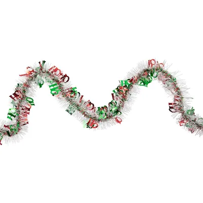 50' X 2.5" White, Red And Green Christmas Ho Ho Ho Wrapped Tinsel Garland - Unlit