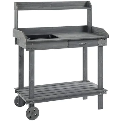 36" Wooden Potting Bench Work Table With 2 Wheels Gray