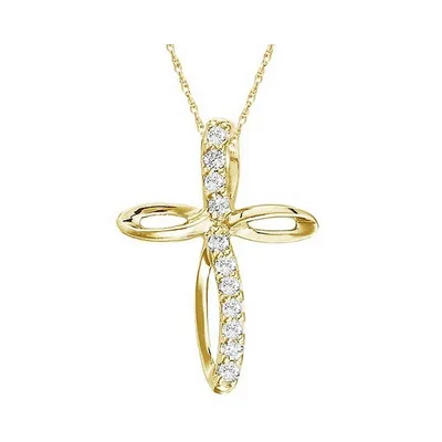 Swirl Diamond Cross Pendant Necklace In 14k Yellow Gold (0.10ct)