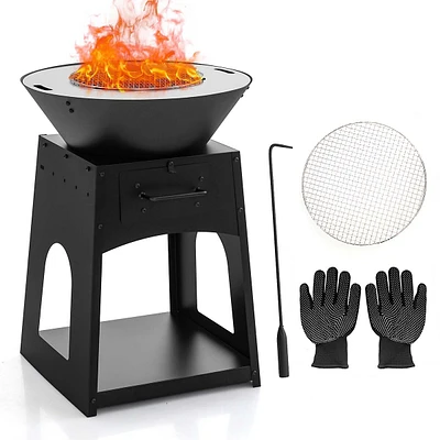 24" Heavy Duty Fire Pit With Firewood Rack Fire Poker Gloves Grilling Rack Outdoor